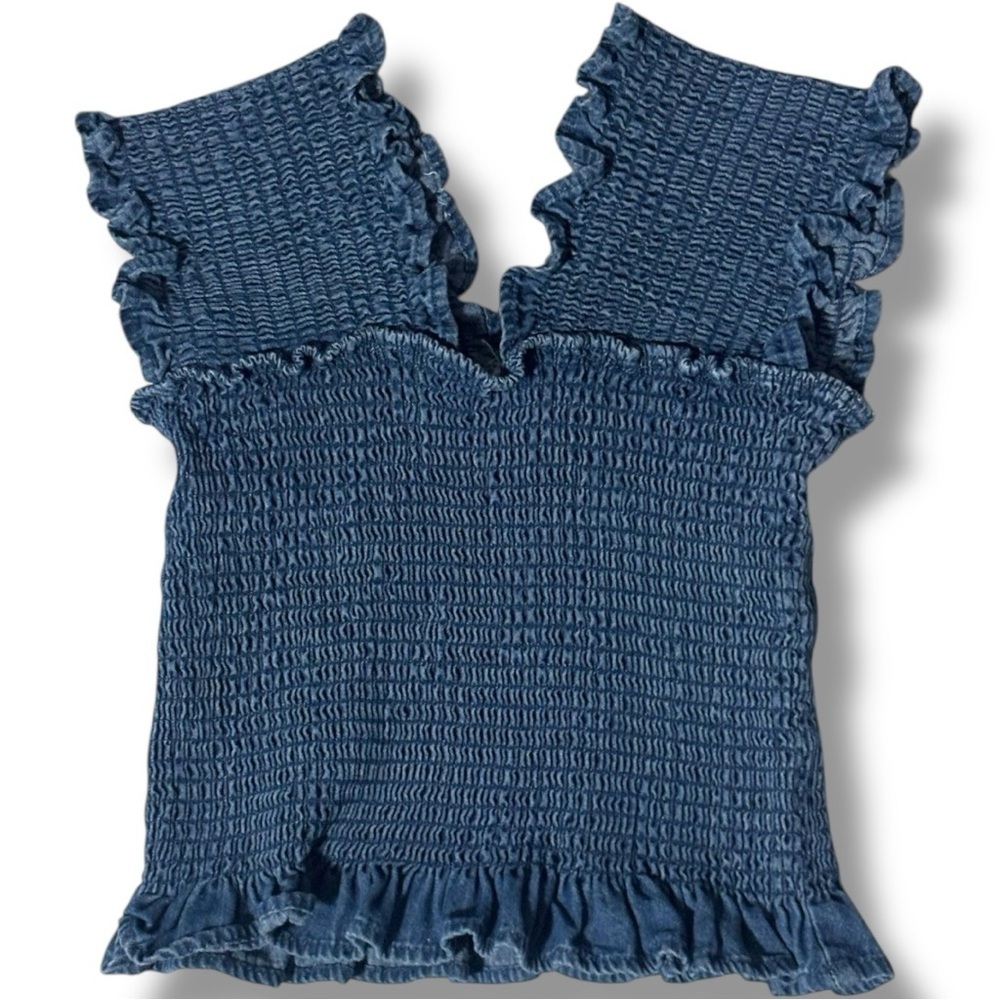 Unbranded Funky Denim Blue Smocked Women's Sleeveless Cropped Rouched Top - Picture 6 of 16